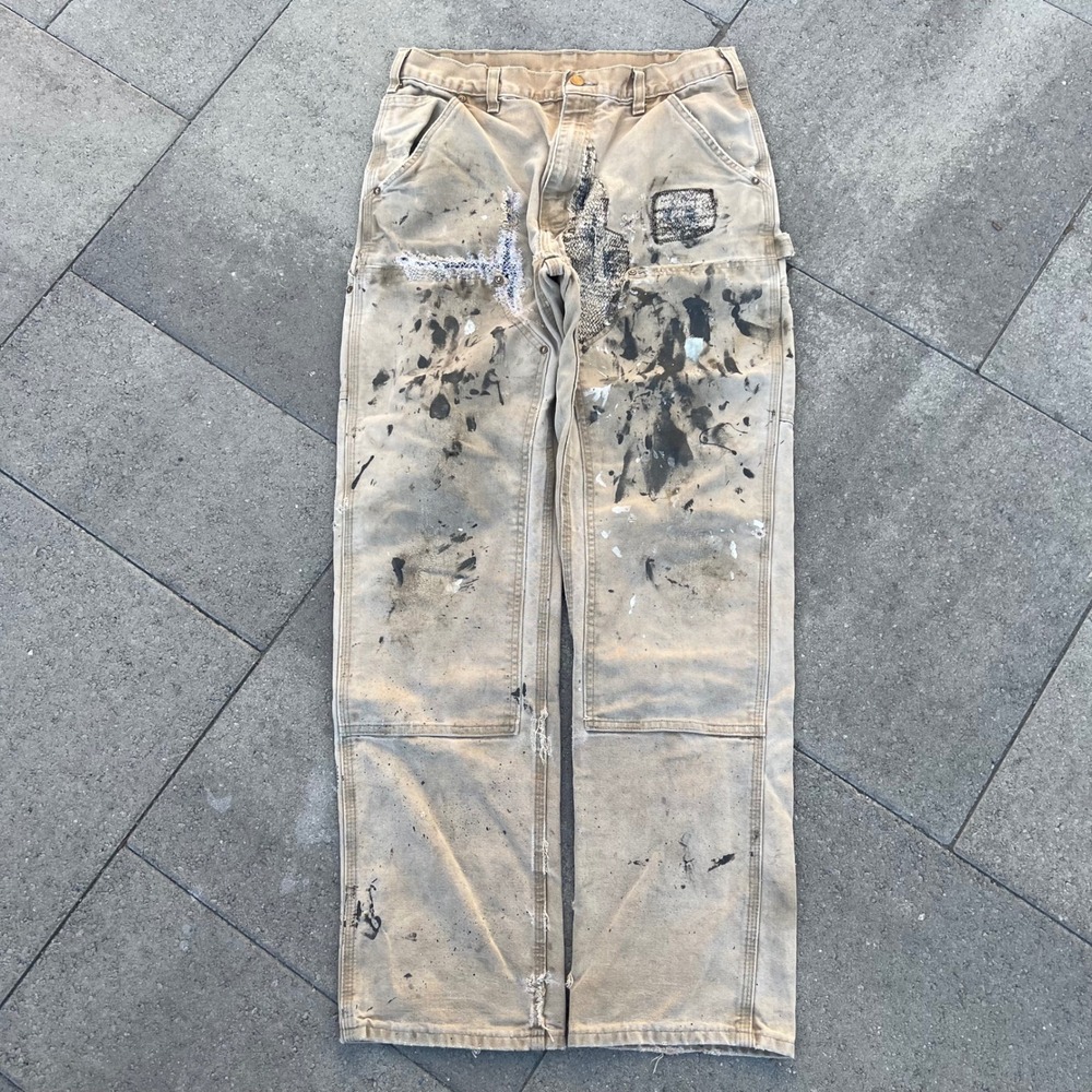 Carhartt Double Knee Distressed Paint Splatter Work Pants Tan 32x31 Repair